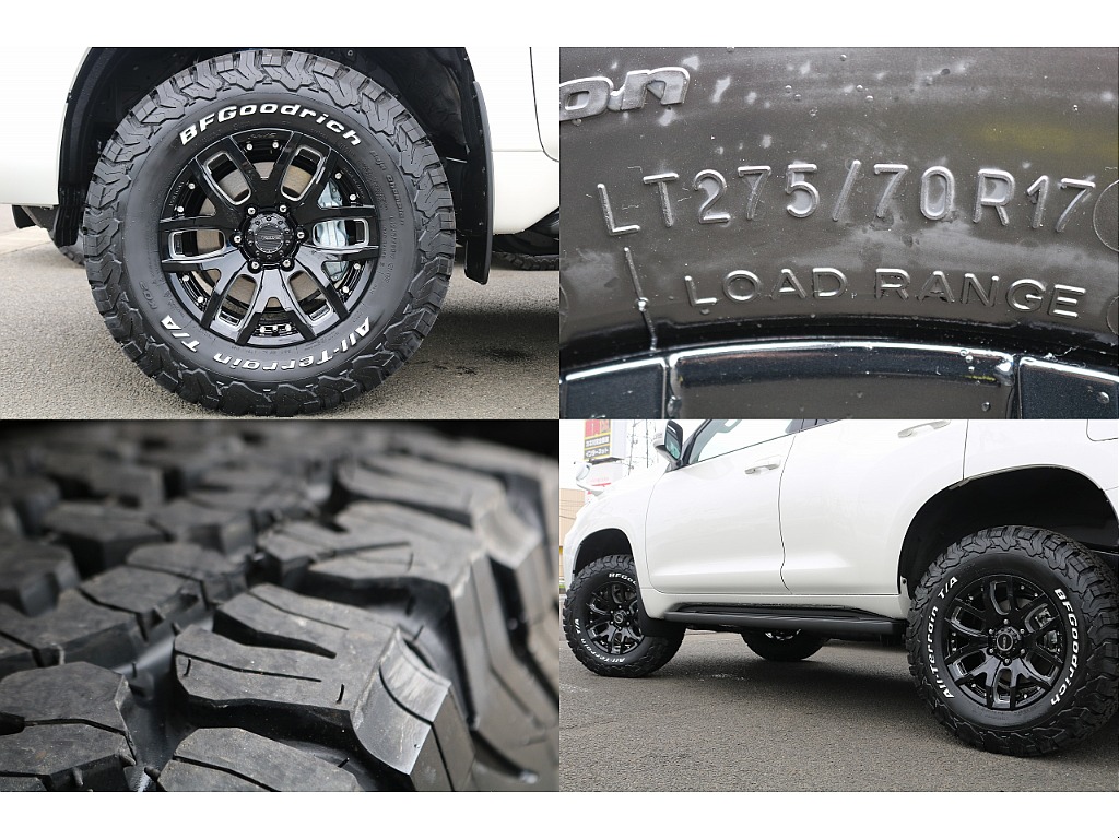 人気の高い国産メーカーRAYS FDX F617インチAW＆BFグッドリッチ275/70R17を新品で装着しました！！ブラックカラーをチョイスする事で無骨さとボディのパールにメリハリをつけています！！