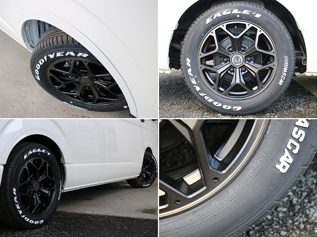 オリジナルスタイリングヘックスアルミホイールにグッドイヤーナスカータイヤ17インチを装備しております！