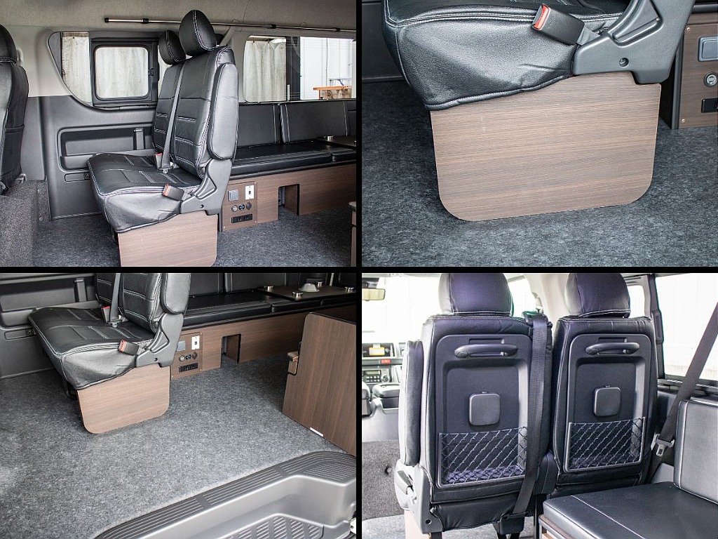 後席にもシートカバーを装備！足元はフットパネルでドレスアップ！フローリング施工も行っております！