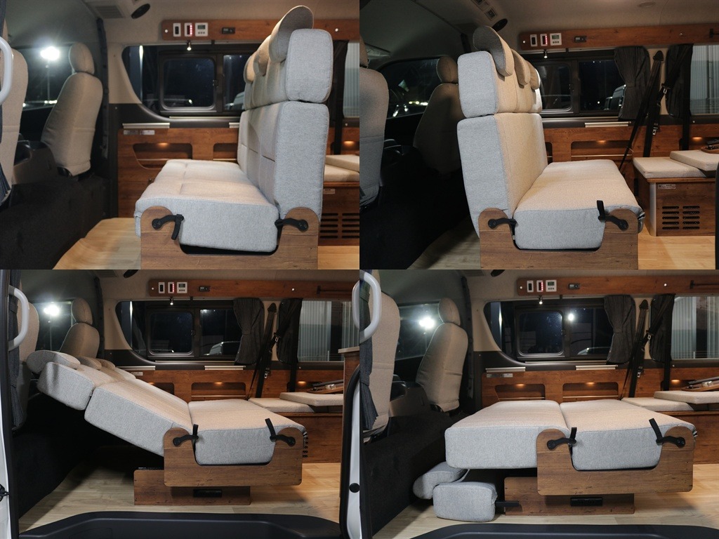 フルフラットベット展開可能な３人掛けFASPシート！！　内装の家具色は外装と相性ばっちりの黒木目になっております♪