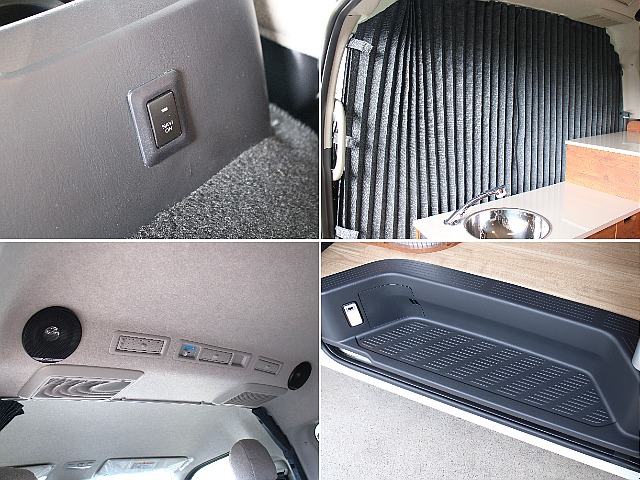 車中泊に必須な間仕切りカーテンやナビ切り替えスイッチも搭載しております！