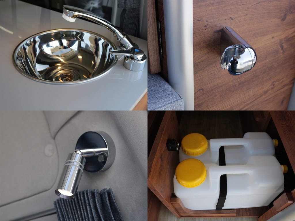 シャワーヘッドや10L給水・排水タンクなども付いておりバックドア近くについておりますので外まで伸ばして使うこともできちゃいます♪