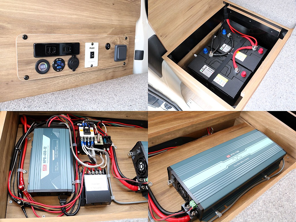 電装系は外部充電をはじめ、サブバッテリ105Ah×2、走行充電システム、1700Wインバーター、デジタルバッテリー残量計集中コントロールパネルを装着しております！