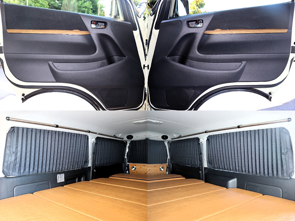 内張りに大きな汚れや傷などは見受けられません！カーテンも装備しているので車中泊していても安心です！