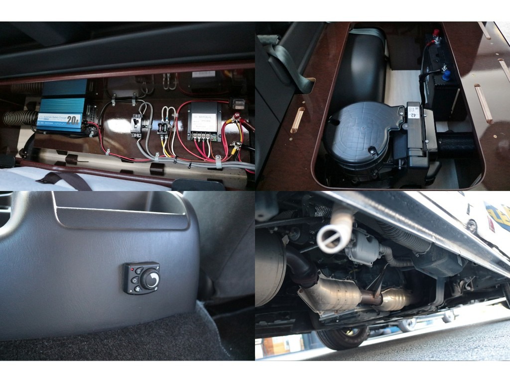 運転席側家具内にはサブバッテリーを完備！エバスペヒャーのＦＦヒーター付きでエンジン停止時にヒーターも使用可能です！