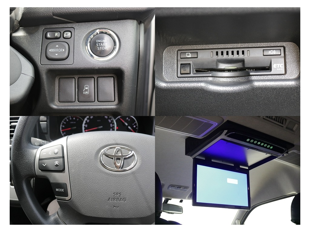 プッシュスタート・ETC・ステアリングスイッチ・フリップダウンモニターなど運転するうえで嬉しい装備品が充実しております！！