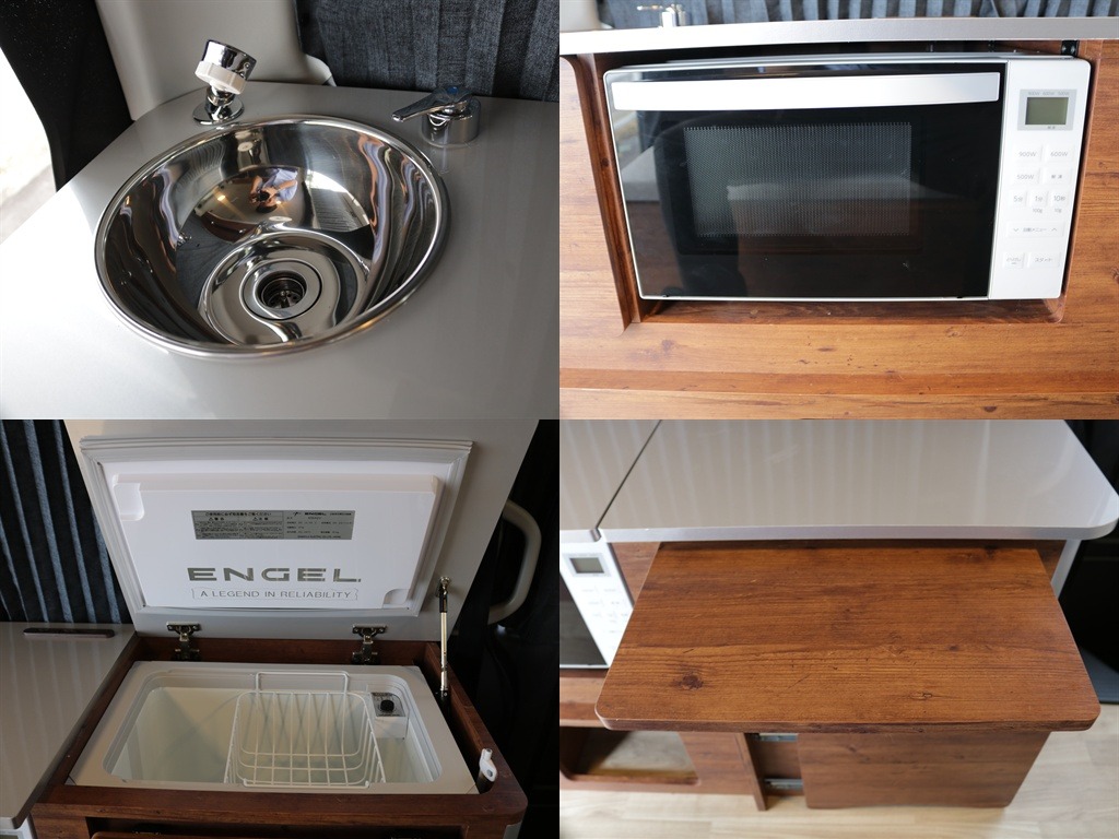 色々使えるシャワーヘッド付きシンクタンク・40?冷蔵庫・電子レンジ・折りたたみテーブルも装備されており色々な場所に気軽にお出かけできちゃいます♪