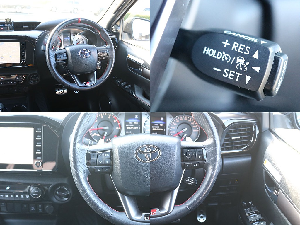 GRロゴ付き専用本革巻きステアリングも高級感があります♪クルーズコントロールも標準装備しておりますので長距離運転の負担も軽減されますね♪