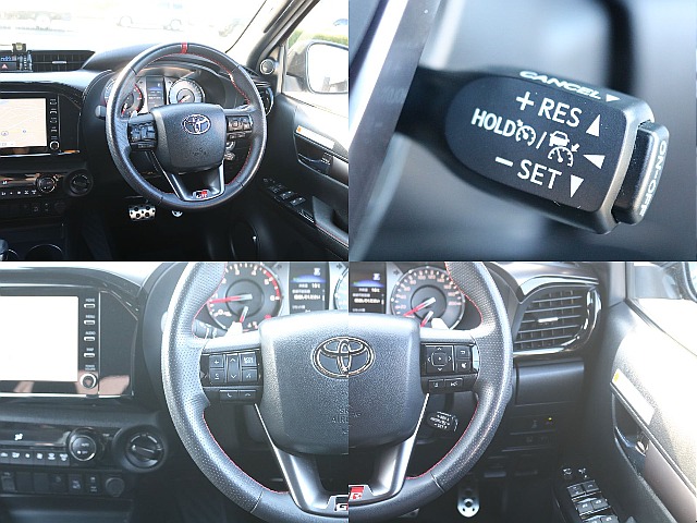 GRロゴ付き専用本革巻きステアリングも高級感があります♪クルーズコントロールも標準装備しておりますので長距離運転の負担も軽減されますね♪