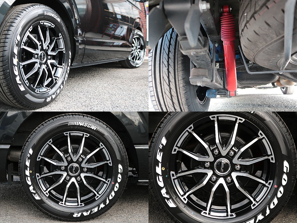 新品Delf06　１７インチアルミ×ナスカーホワイトレタータイヤ×社外ショックアブソーバー☆