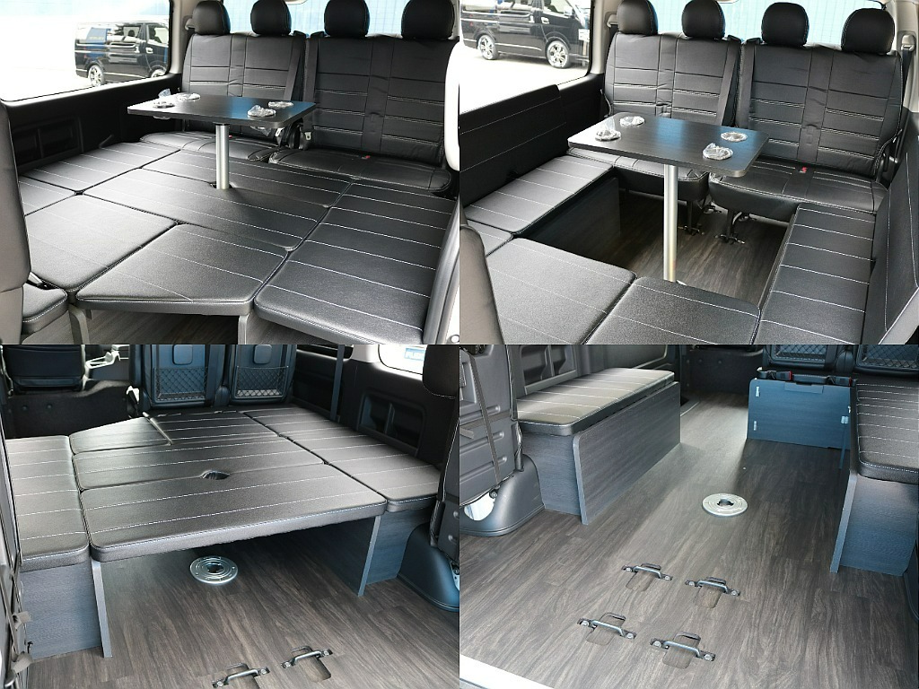 テーブルセット付きで４方を囲んで車内で団らんもできちゃいますね！ベッドマットを外せばウォークスルーに♪