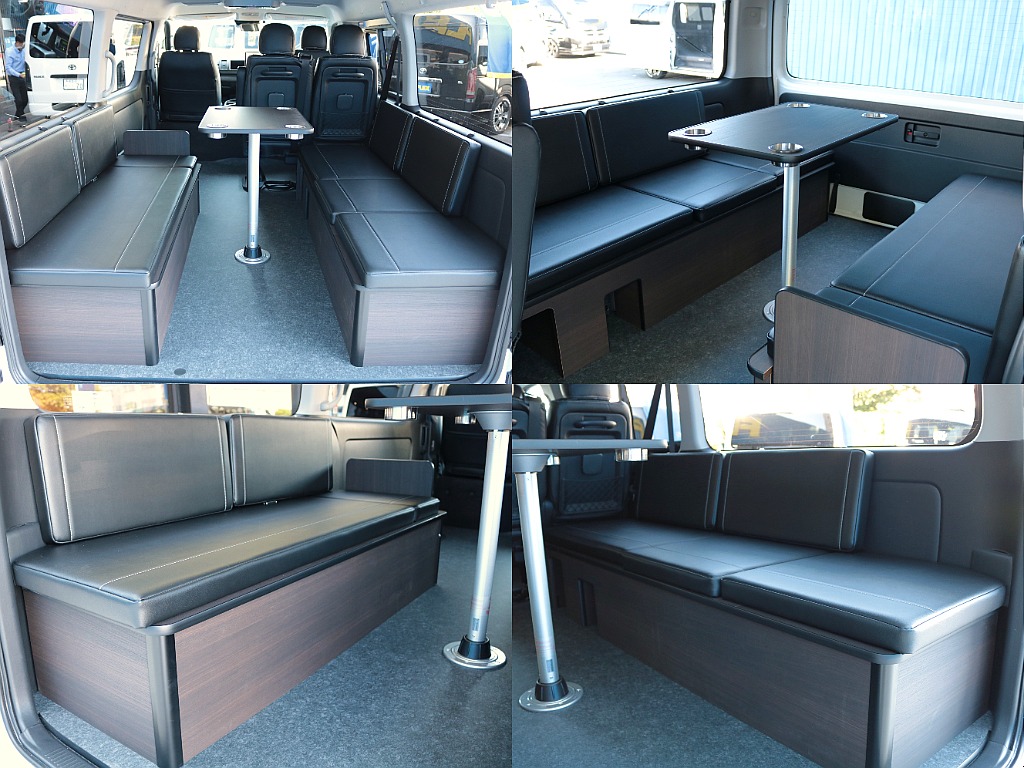 乗車定員８名、就寝定員３名の８ナンバーキャンピング登録車両です！ゆとりのある室内空間を使って、大人数での移動と快適なリビング、そして広々としたベッドスペースによる快適な車中泊を実現しました！