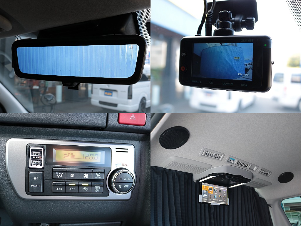 新車時オプションのデジタルインナーミラー！コムテック前後ドライブレコーダー！ＵＳＢ＆ＨＤＭＩポート！リア天井スピーカーも増設済みです！