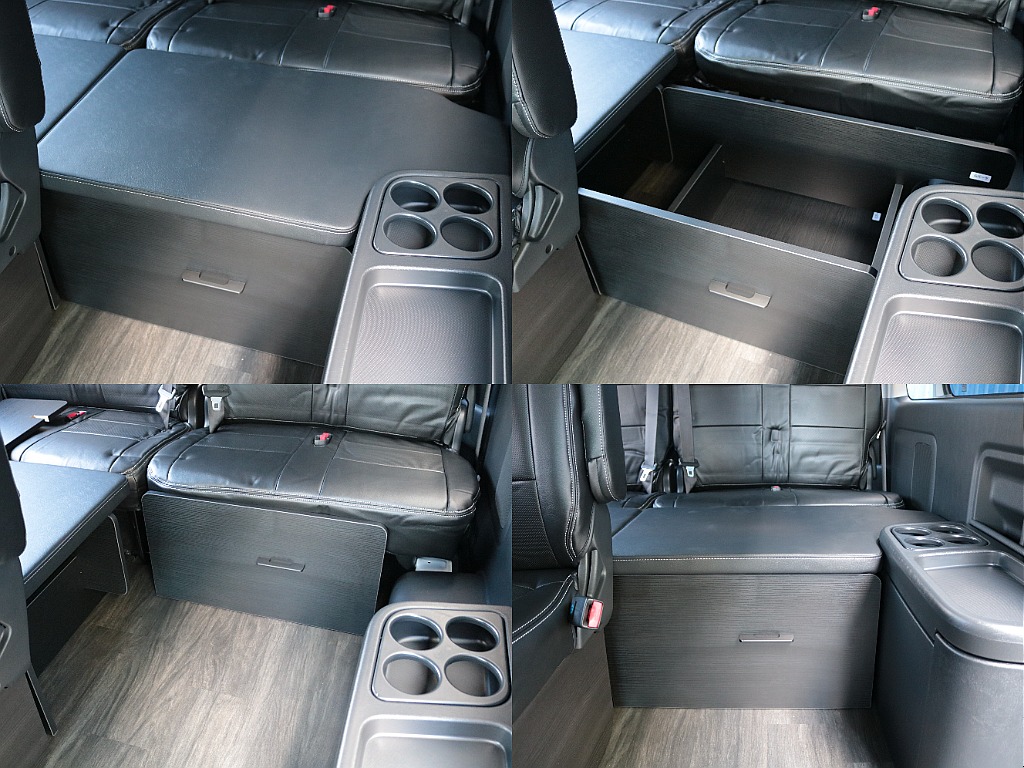 ベッドマットを外して土台を座面の下に格納すれば、足元がすっきりするので、4列目シートへ簡単にアクセスできます♪