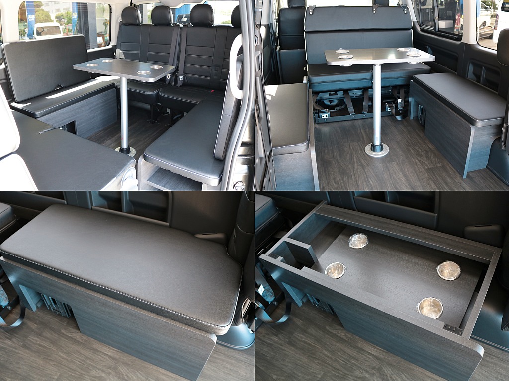 ベッドマットはもちろん着脱可能！テーブル、ポールは２列目後ろ運転席側の家具内に収納可能です！