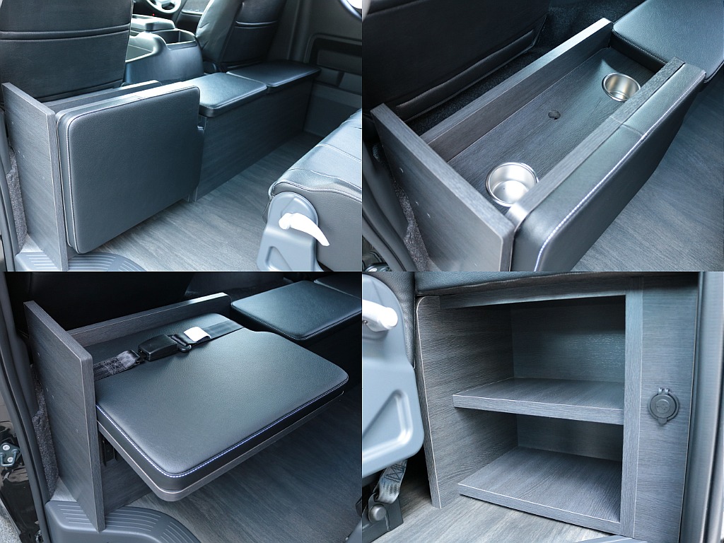 ２列目前に後ろ向き座席として１名乗車定員を確保！後ろ向き未使用時にはドリンクホルダーも完備！家具はフットレスト兼ベッドマットとなり、中に収納スペースも確保♪スライドドア側の家具にはＵＳＢ充電ポート付！
