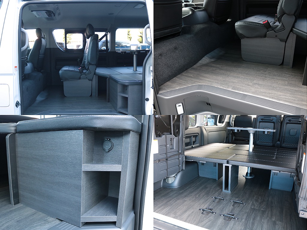 テーブルはベッドマットを広げた状態でも使用可能です！スライドドア入口の家具にはＵＳＢ充電ポート付き♪