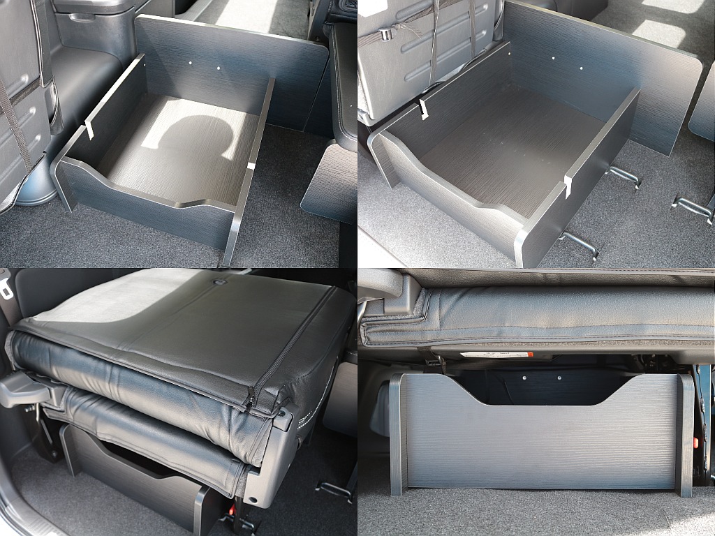 ベッドマットを外して土台を座面の下に格納すれば、足元がすっきりするので、4列目シートへ簡単にアクセスできます♪