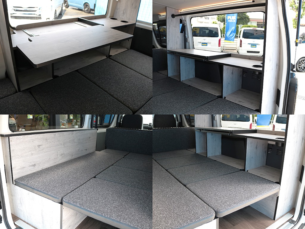 スライド式テーブルでベット面積も確保しながら車内でも過ごしやすいスペース確保♪作業台やダイニングテーブルとしても活躍します♪