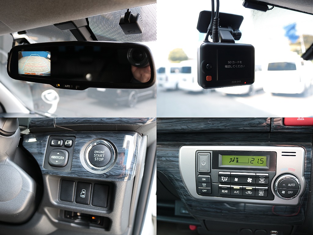 新車時オプションのバックカメラ内蔵自動防眩ミラー！前後ドライブレコーダー付き！プッシュスタート、パワースライドドアも完備！