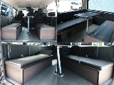 乗車定員８名、就寝定員３名の８ナンバーキャンピング登録車両です！ゆとりのある室内空間を使って、大人数での移動と快適なリビング、そして広々としたベッドスペースによる快適な車中泊を実現しました！