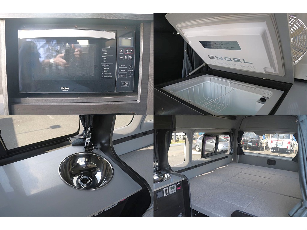 電子レンジ、ステンレスシンク、４０L冷蔵庫も完備！すぐにキャンプ車中泊が楽しめます！