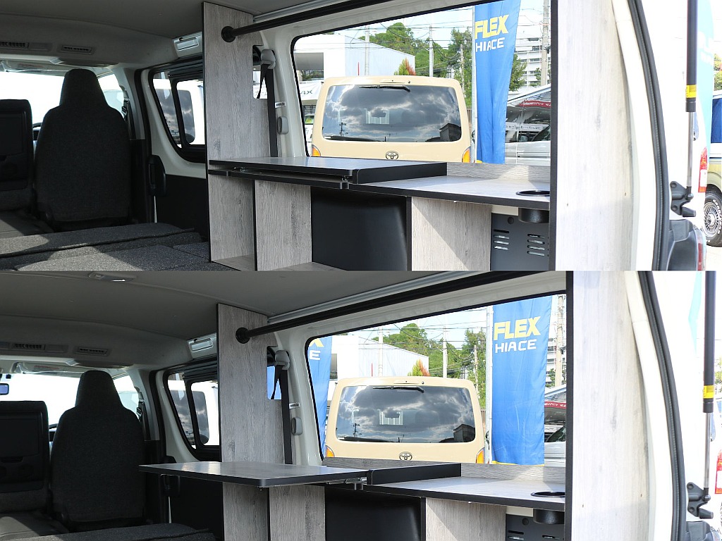 テーブルはスライド式になっており、作業台やダイニングテーブルなど、使うシーンによって天板の広さを変えられるのがポイント♪