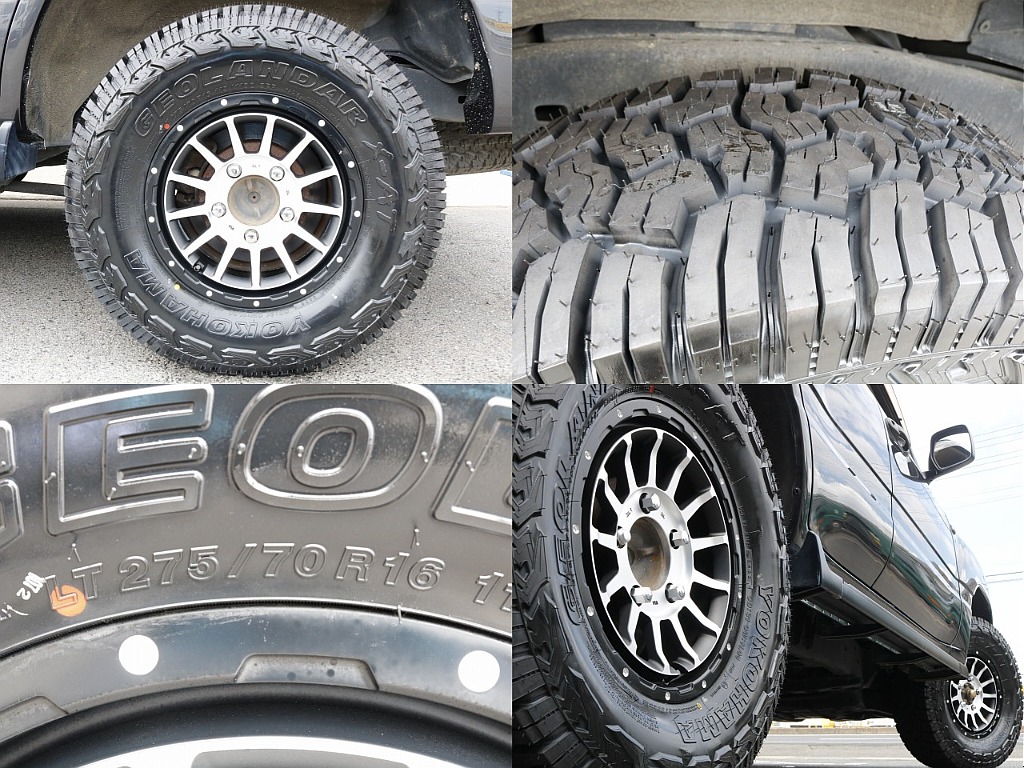 ホイールはFLEXオリジナルホイールXELF03、タイヤはYOKOHAMAジオランダー X-TA（275/70R16）です。