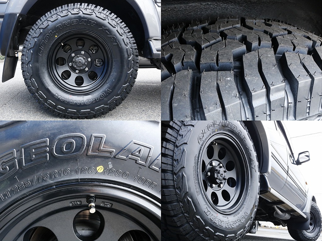タイヤは新品ジムラインAW×新品YOKOHAMAジオランダー（285/75/16）となります。タイヤは消耗品となるので新品なのは嬉しいポイントですね♪