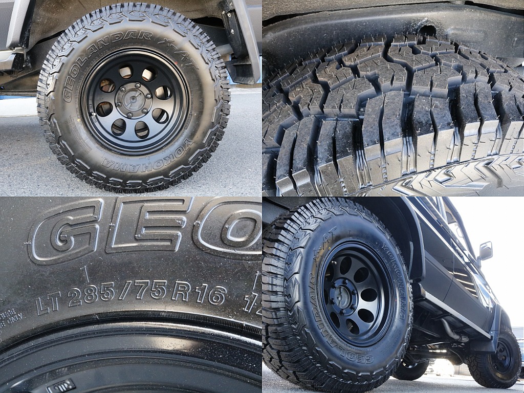 タイヤは新品ジムラインAW×新品YOKOHAMAジオランダーX-AT（285/75R16）となります。タイヤは消耗品となるので新品なのは嬉しいポイントですね♪