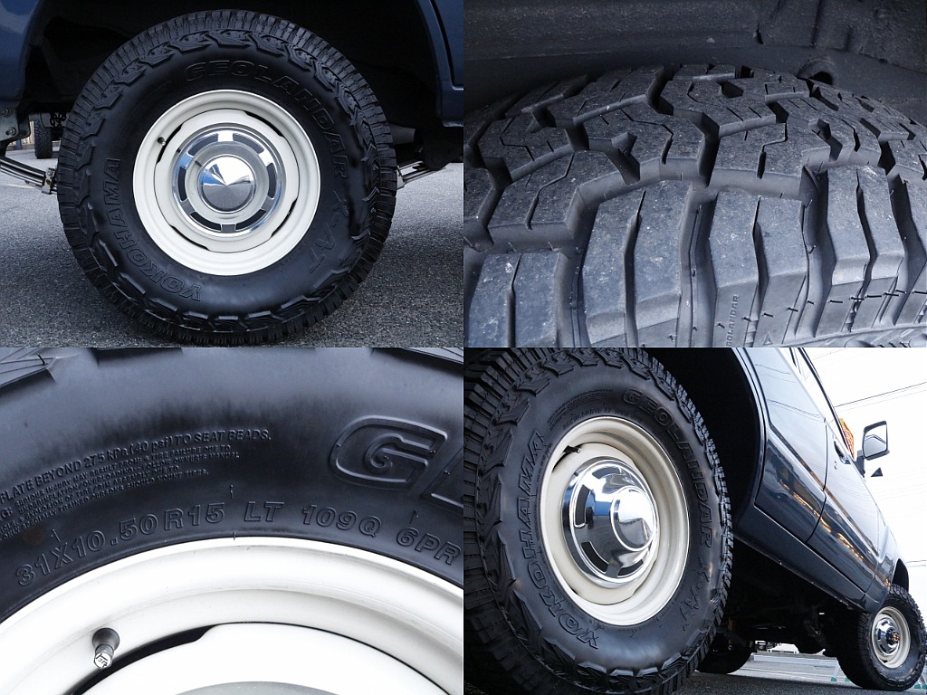 ホイールは輸出用鉄ホイール（ホワイトペイント）、タイヤはYOKOHAMAジオランダーX-AT(31/10.5/15)となります。