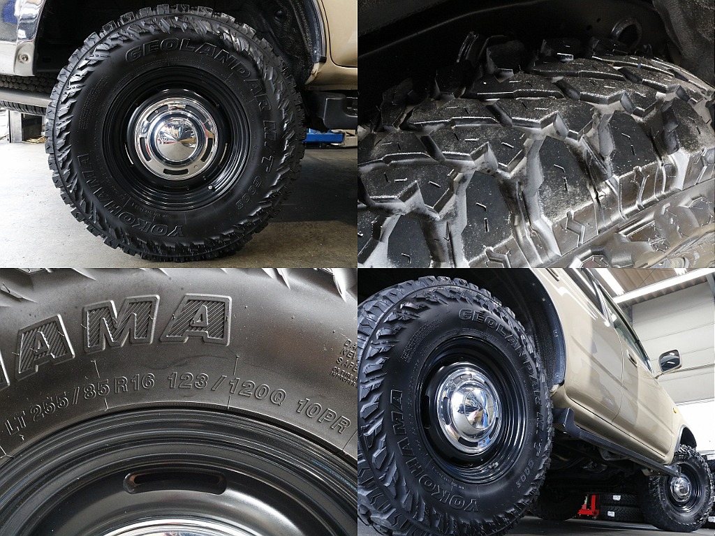 タイヤはYOKOHAMAのジオランダーMTの255/85/R16　サイズアップされているので大迫力ですね。
