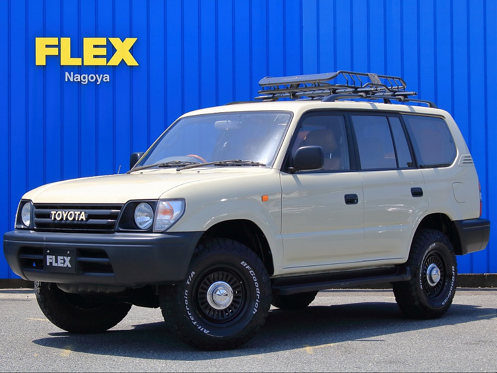 平成11年式　ランドクルーザープラド95　RHINO‐RACKルーフキャリア　ベージュ塗装　TOYOTAグリル　BFグッドリッチ　ブラウンシートカバー内装のお車入庫しました☆