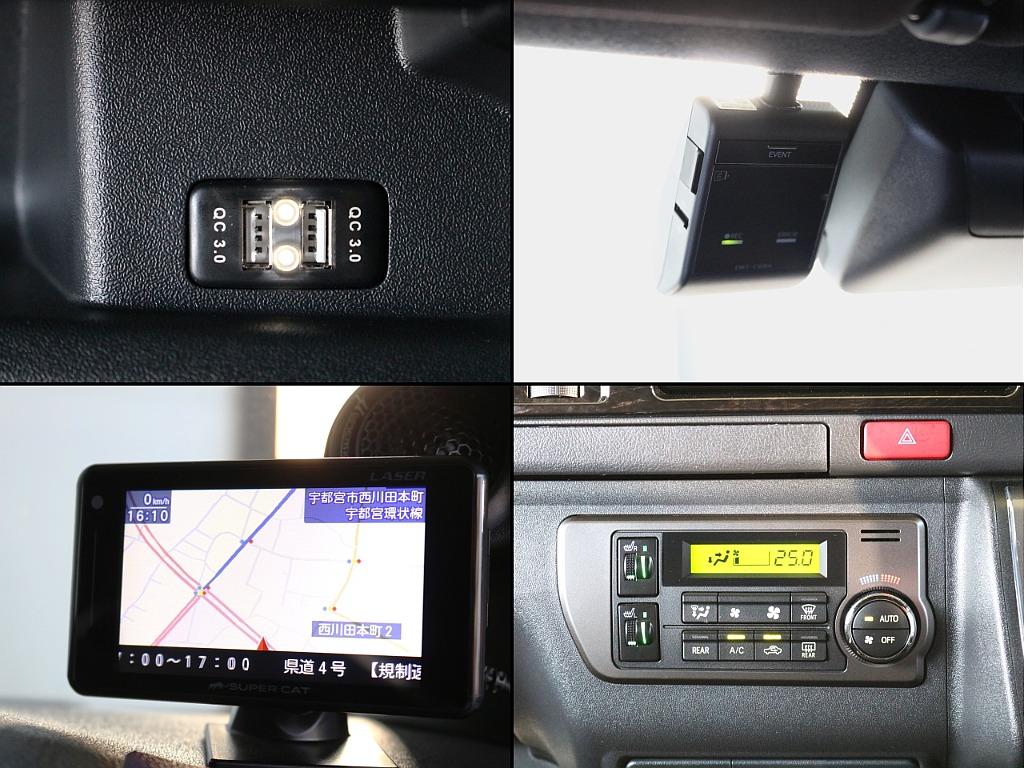 (左上)USB電源２口(右上)ナビ連動ドラレコ(左下)スーパーキャットレーダー探知機(右下)運転席・助手席シートヒータースイッチ