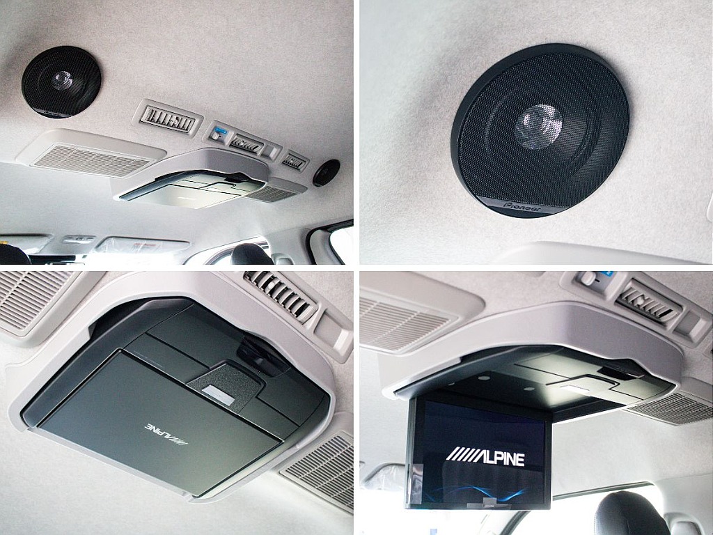 12.8インチの大画面フリップダウンモニターにルーフスピーカーも装備しております！