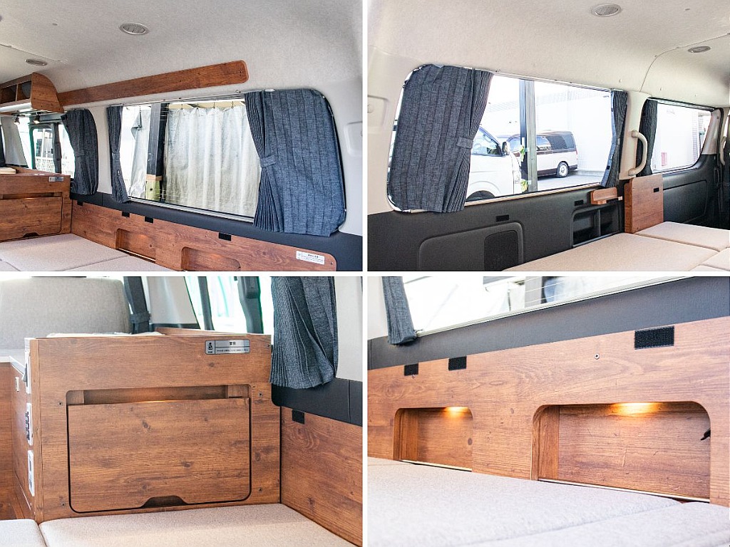 間仕切り、リア5面カーテンを標準で装備してます！外からの視線を気にすることなく車中泊をお楽しみいただけます！