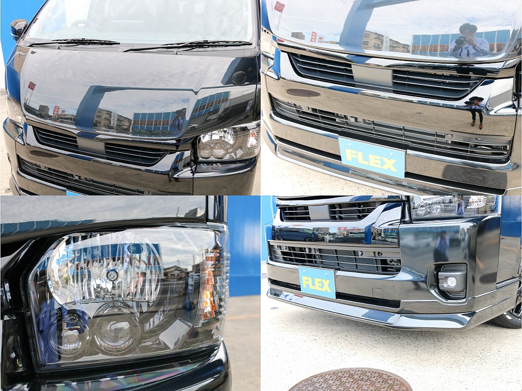 FLEXオリジナル バッドフェイスボンネットにヘッドライトインナーブラックペイント！！DelfinoLineフロントスポイラー付き！！