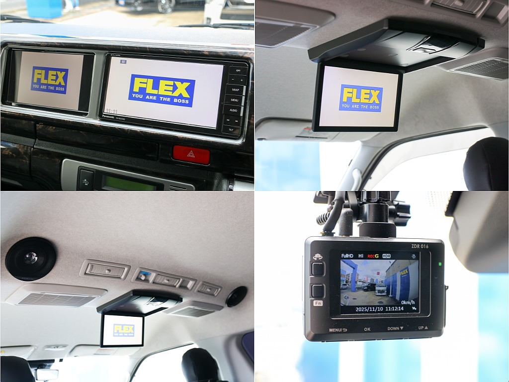 サブモニターにフリップダウンモニター付き！！ルーフスピーカーに安心の前後ドライブレコーダー完備！！