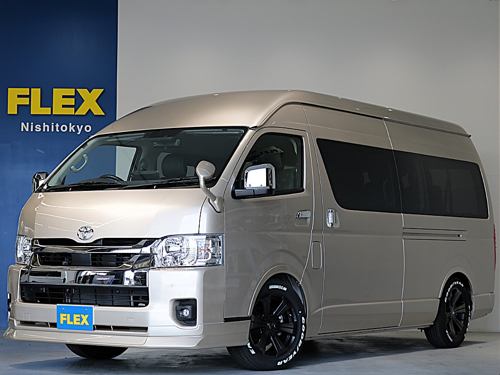 新車ハイエースワゴングランドキャビン２７００ガソリン２WD入庫！オリジナルフロントスポイラーオリジナルオーバーフェンダーオリジナル１７インチアルミ１．５インチダウンリア全面床張り施工ベットＫＩＴ装備！