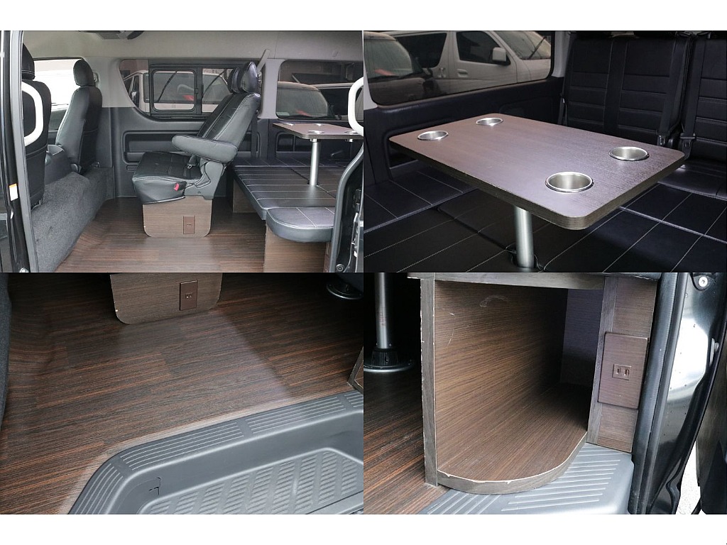 リア全面床張り施工済み、専用テーブル装備！！