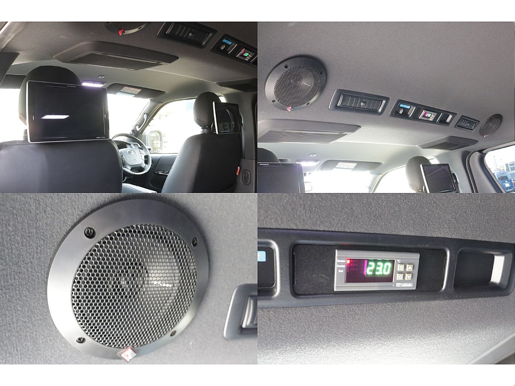 パイオニアヘッドレストモニター、ロックフォードルーフスピーカー増設、リアヒータークーラーコントローラー装備！！