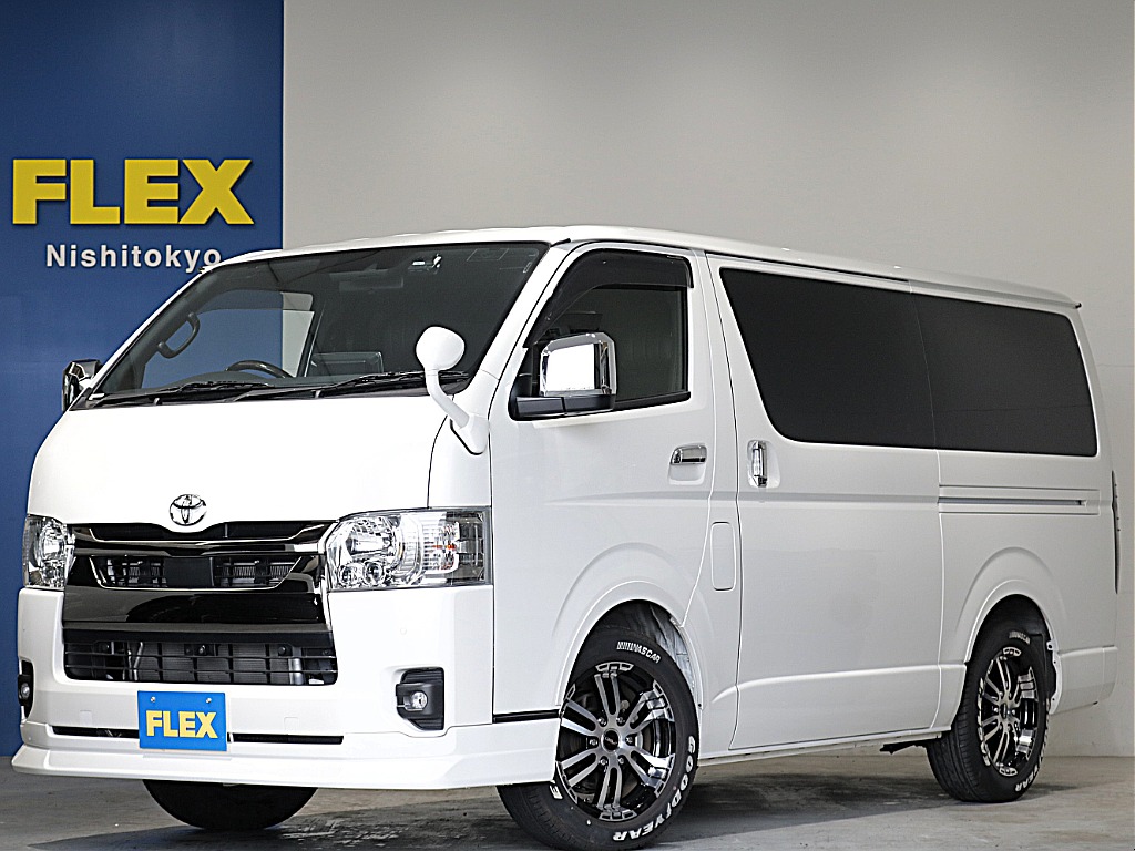 令和６年式ハイエースＶダークプライムⅡ２０００ガソリン２ＷＤカスタム車両入庫！オリジナルフロントスポイラーオリジナルオーバーフェンダーオリジナル１７インチアルミアルパインＢＩＧ－Ｘ１１インチナビ装備！