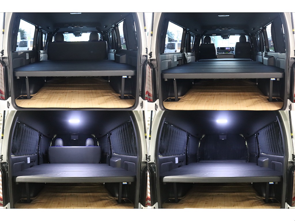 車中泊カスタムの真骨頂！フラットタイプベットキットとリア６面カーテンが装着済み♪